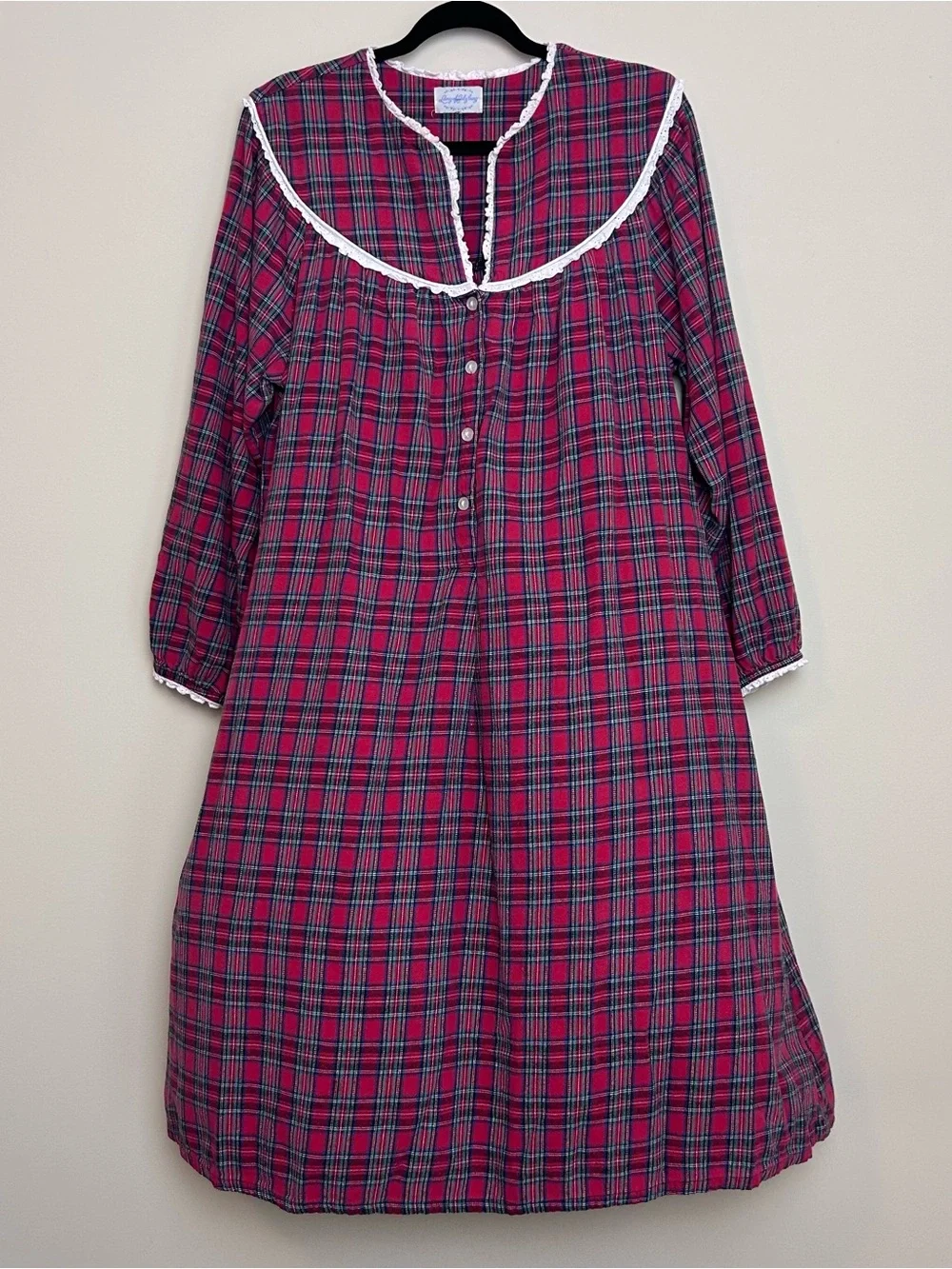 Vintage Lanz Of Salzburg Night Gown Women Large Red Plaid Flannel Ruffle Midi